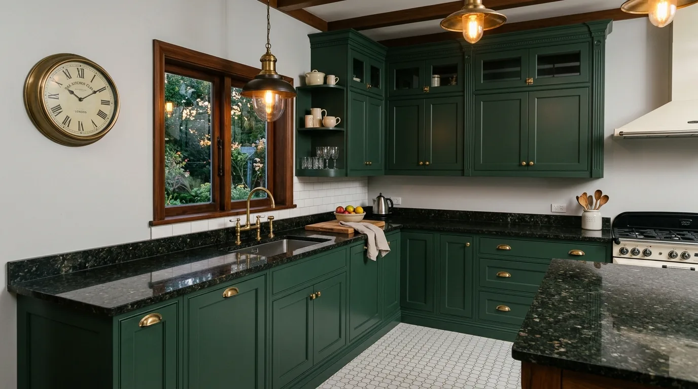 Classic forest green kitchen cabinets. Dark granite countertops, white hexagon floor tiles, and brass ceiling lights.