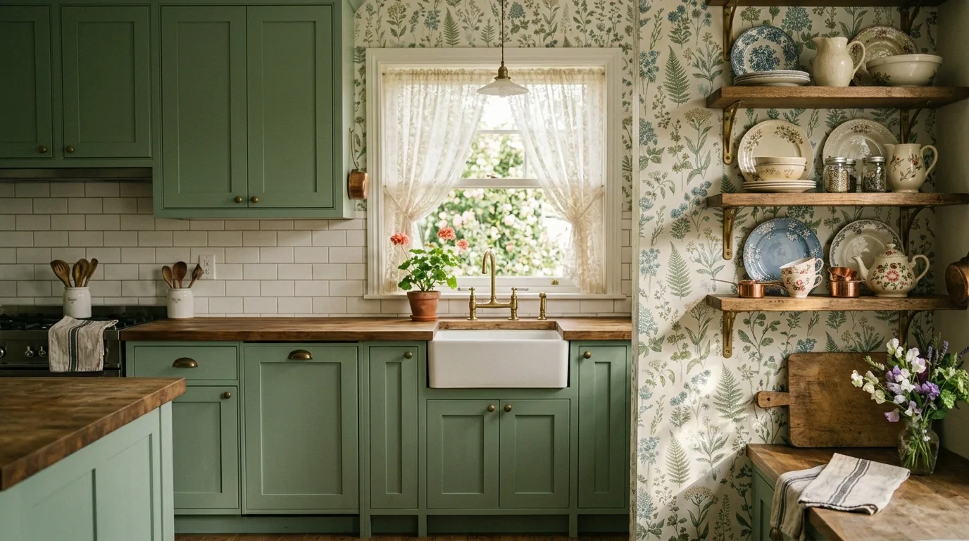 Forest green cabinets with botanical wallpaper. White ceramic tile backsplash, wooden shelving, lace curtains, and garden-inspired styling.