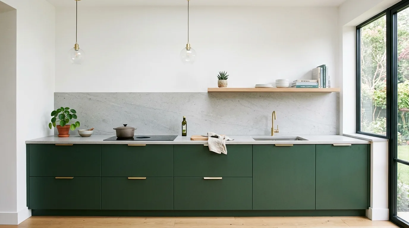 Minimal matte forest green cabinets. Slim brass pulls, light stone counters, white walls, and simple pendant lighting.