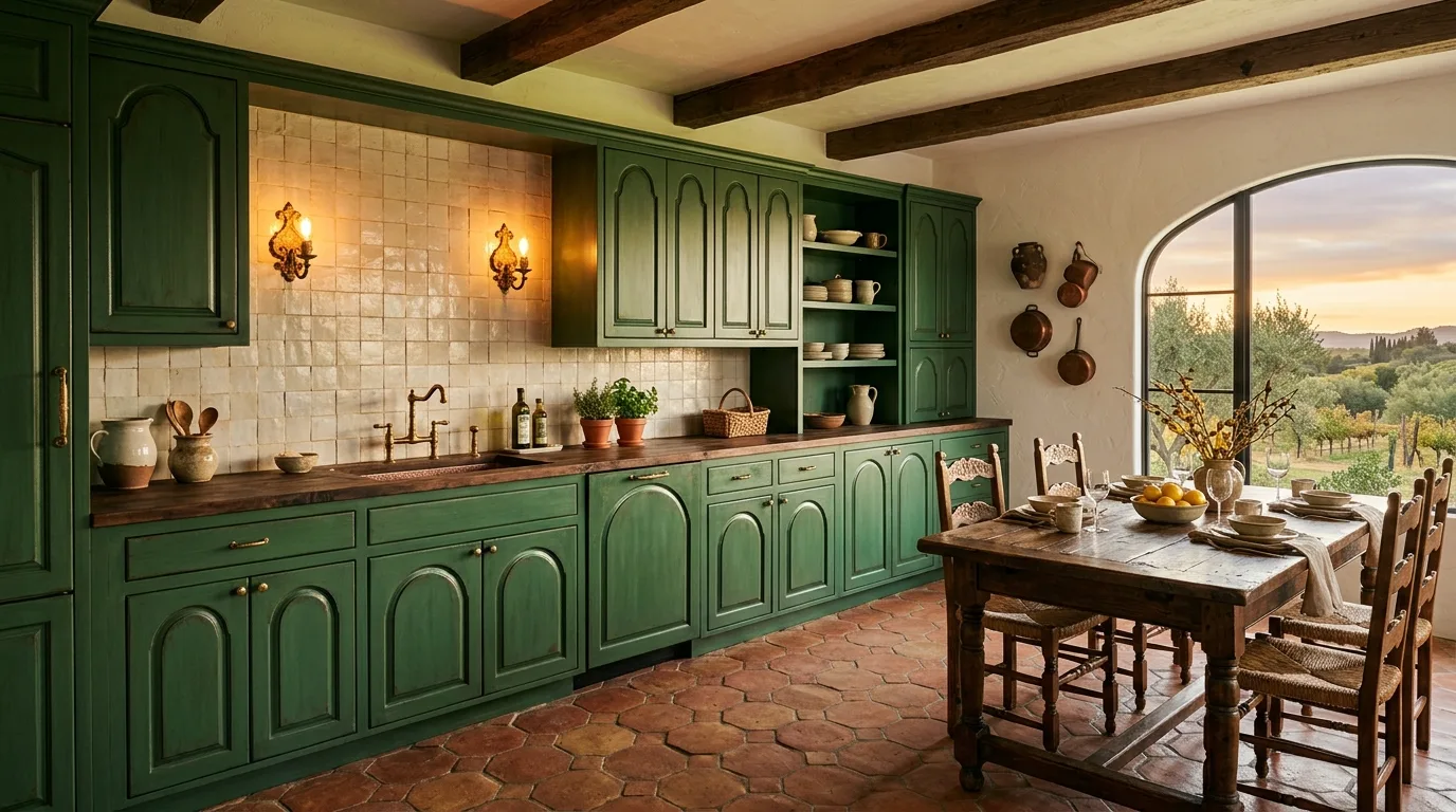 Forest green cabinets with arched cabinet doors. Creamy backsplash, terracotta tile floors, and vintage brass sconces.