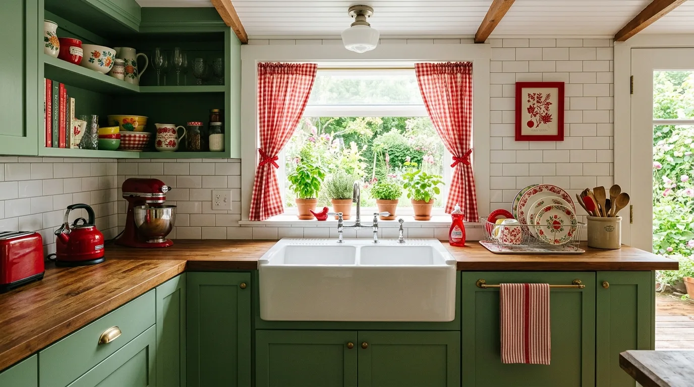 Pale forest green cabinets with red accents. Beadboard ceiling, farmhouse sink, checkered curtains, and glossy subway tile walls.