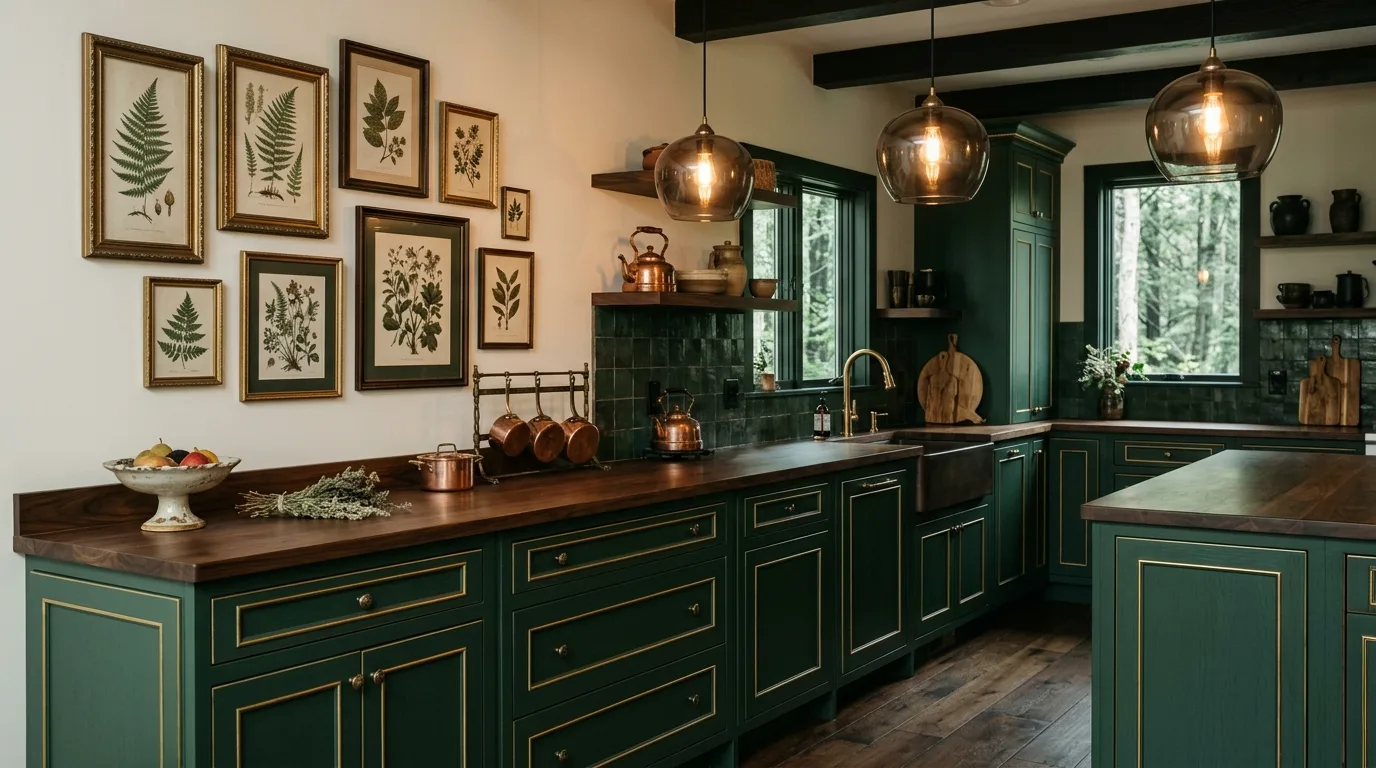Deep forest green cabinets with gold trim. Walnut counters, smoked glass pendants, ivory walls, and botanical artwork.