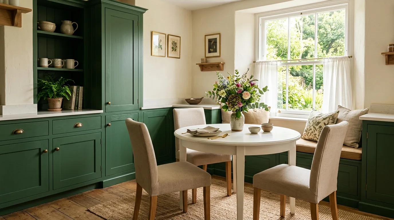 Forest green cabinets framing a breakfast nook. White round table, beige chairs, floral centerpiece, and natural sunlight.