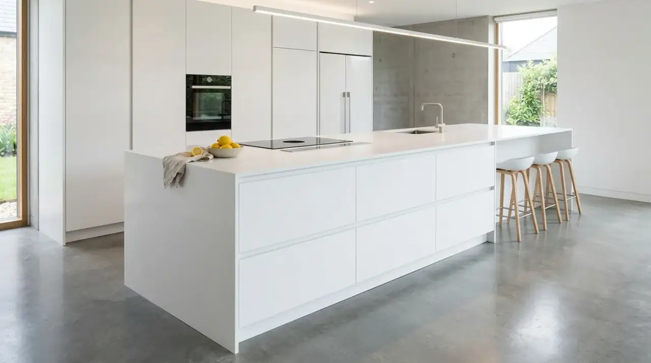 Fluted island trim. Detailed kitchen island finished with fluted trim panels for texture.