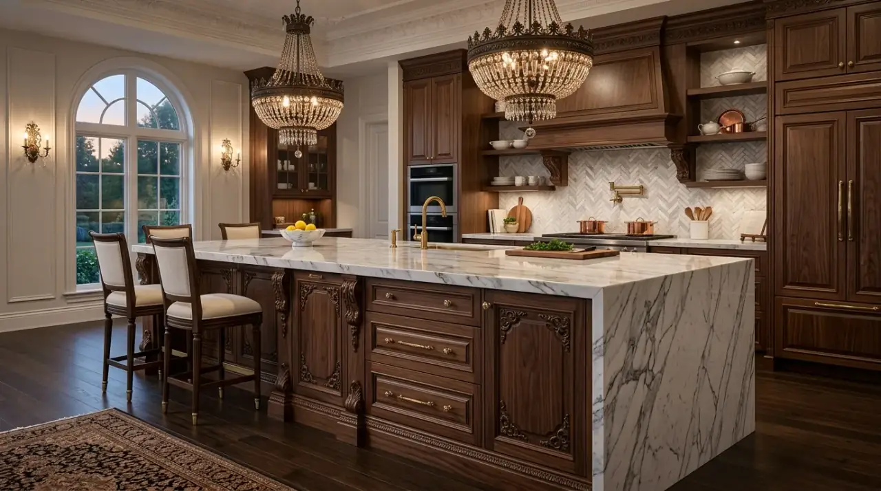 Island seating side trim. Kitchen island seating side detailed with trim for a more finished appearance.