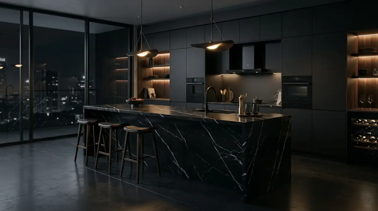 Dramatic black kitchen idea designed for a bold and sophisticated cookspace.