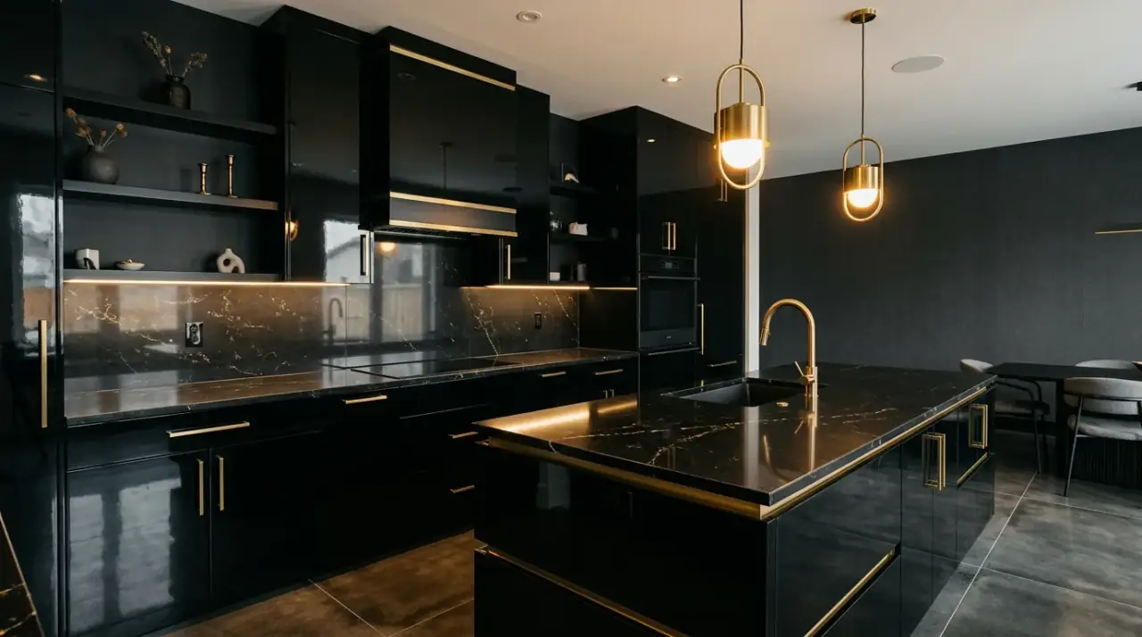 Black kitchen with wood accents. Natural wood details balancing a dramatic dark kitchen palette.
