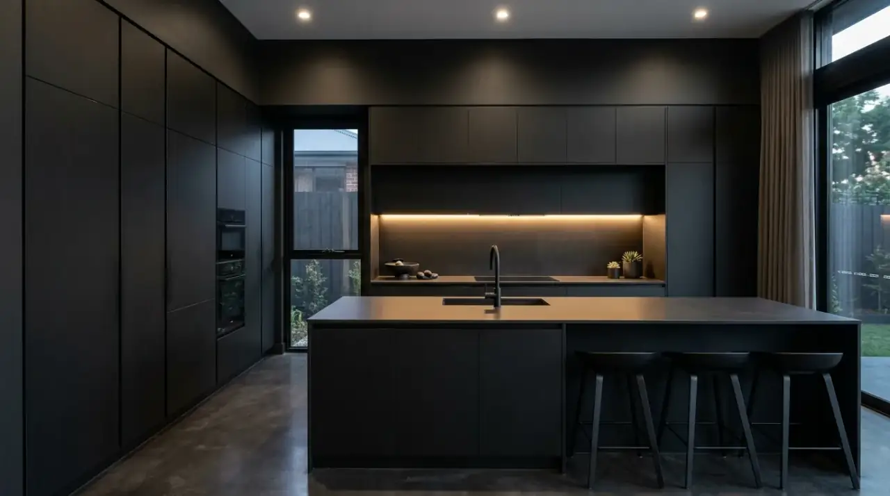 Black kitchen with pale stone. Bright stone surfaces lifting a bold dark kitchen with elegant contrast.
