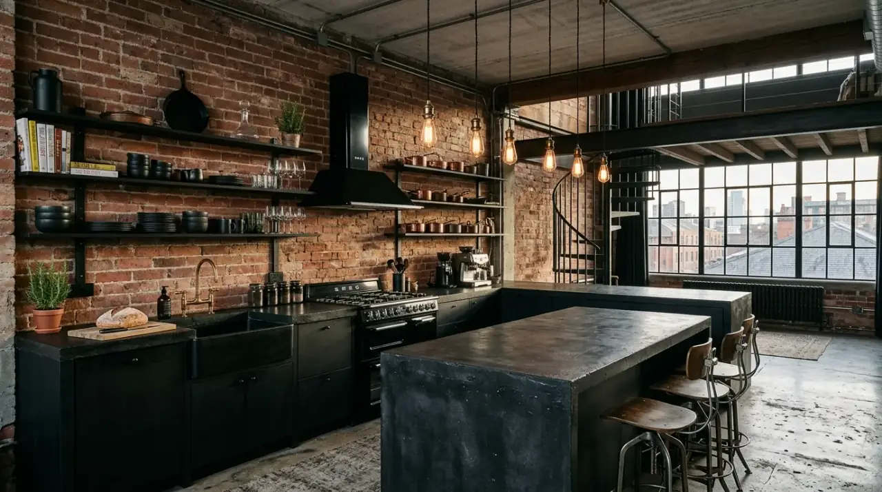 Black kitchen with brass accents. Warm metallic details enriching the dramatic look of a black kitchen.