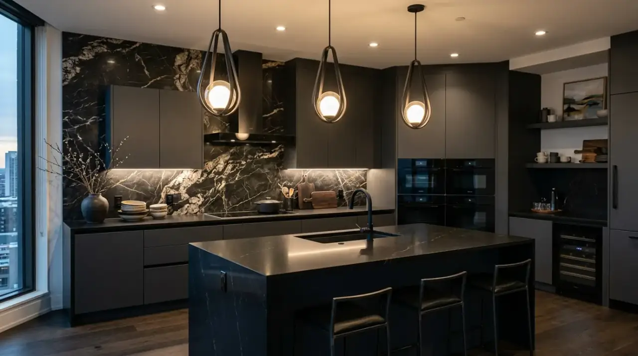 Textured black kitchen surfaces. Material variation giving a dark kitchen more depth and visual movement.
