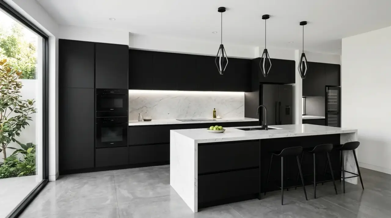 Black island in bright kitchen. Darker centerpiece adding drama without darkening the whole kitchen.