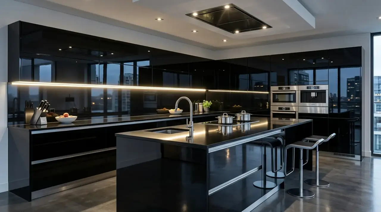 Reflective accents in black kitchen. Light-bouncing details helping a dark kitchen feel brighter and more layered.