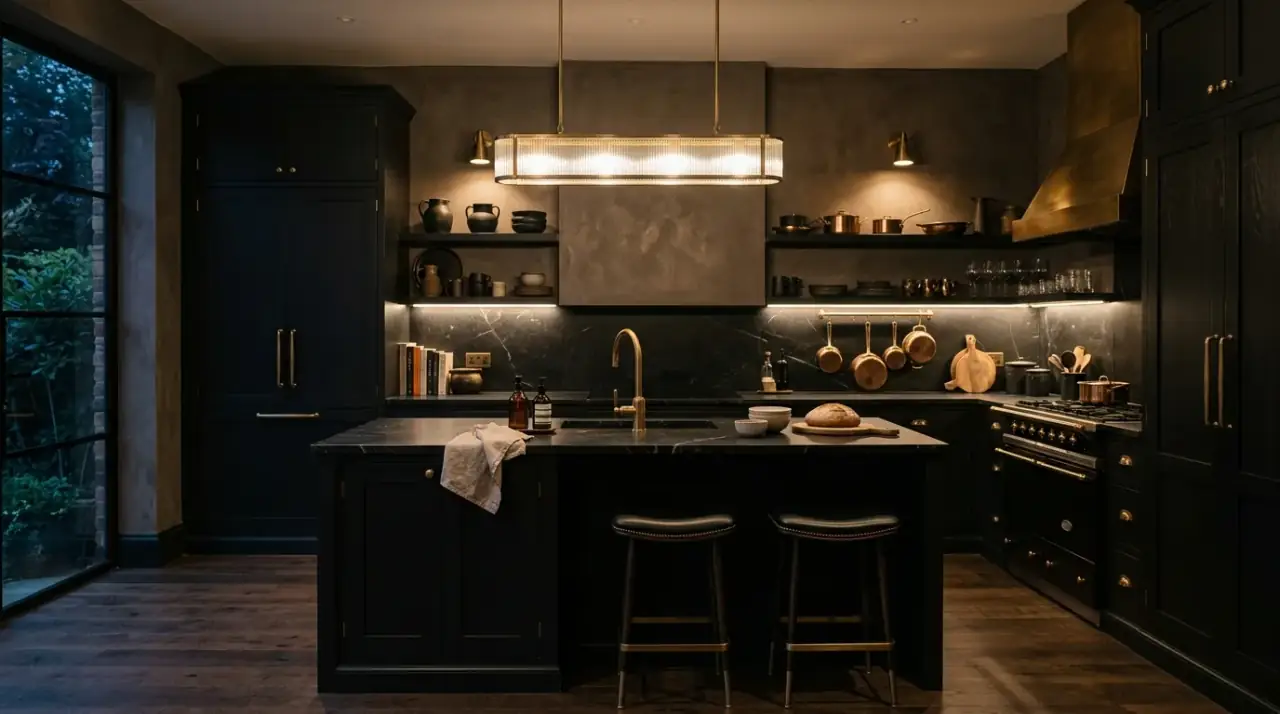 Warm lighting in black kitchen. Layered illumination helping a dramatic dark kitchen feel comfortable and rich.