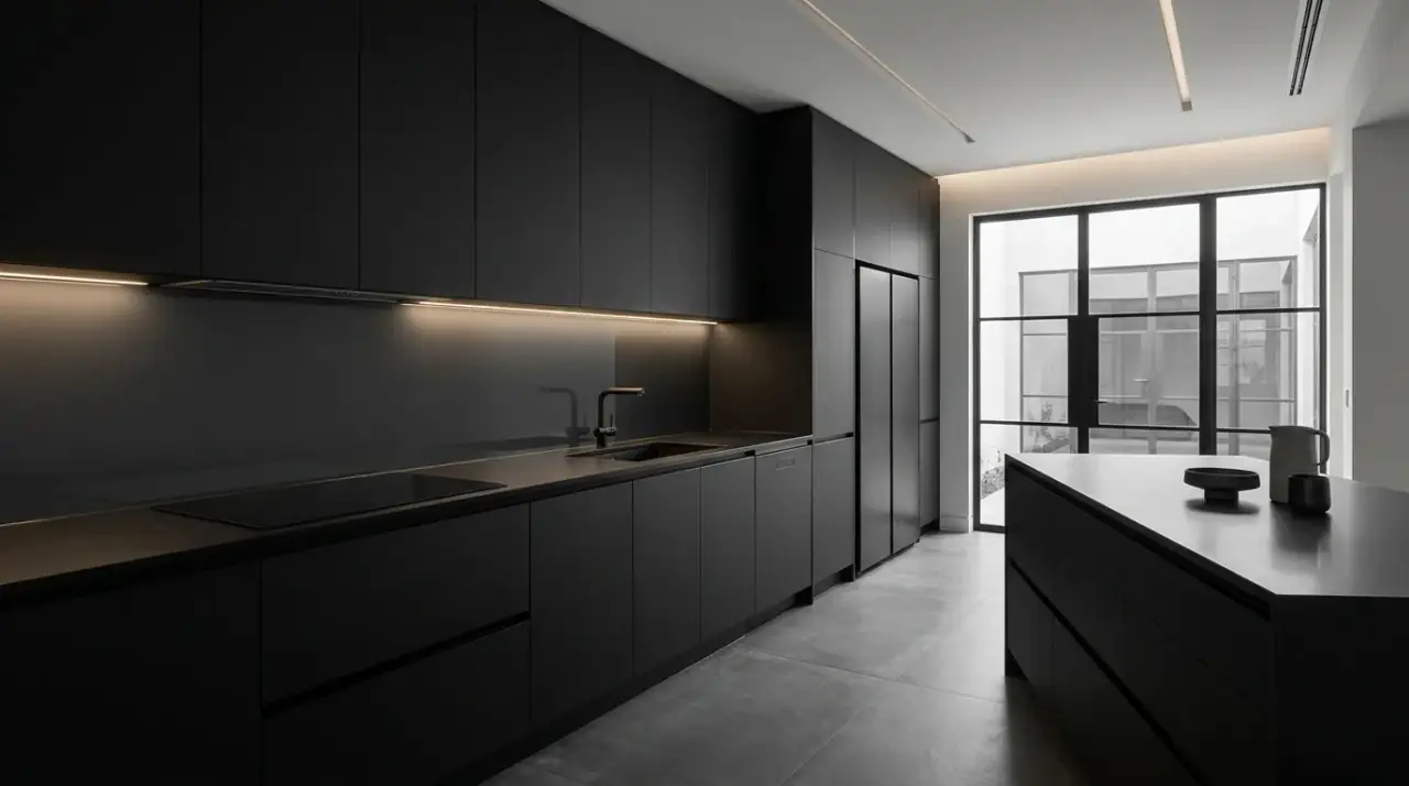 Edited decor in black kitchen. Minimal styling preserving the strong visual effect of a dramatic dark kitchen.