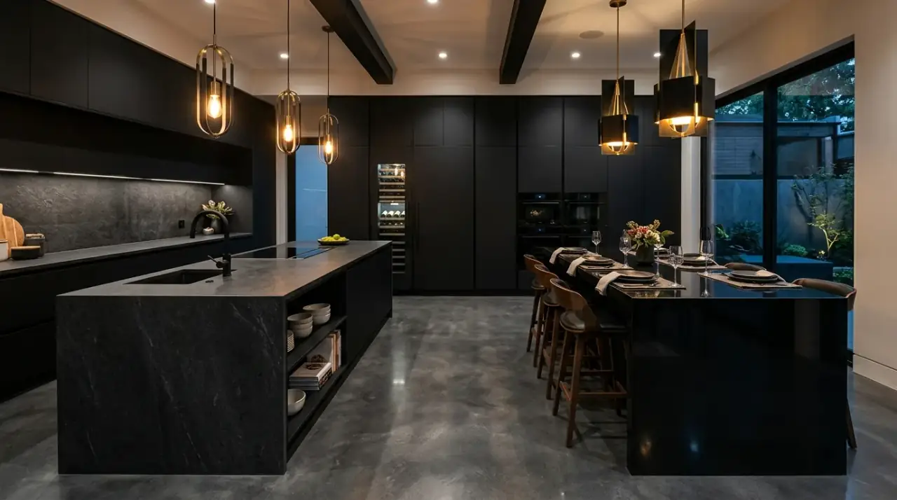 Black kitchen with light walls. Paler surrounding surfaces helping a dark kitchen breathe more beautifully.