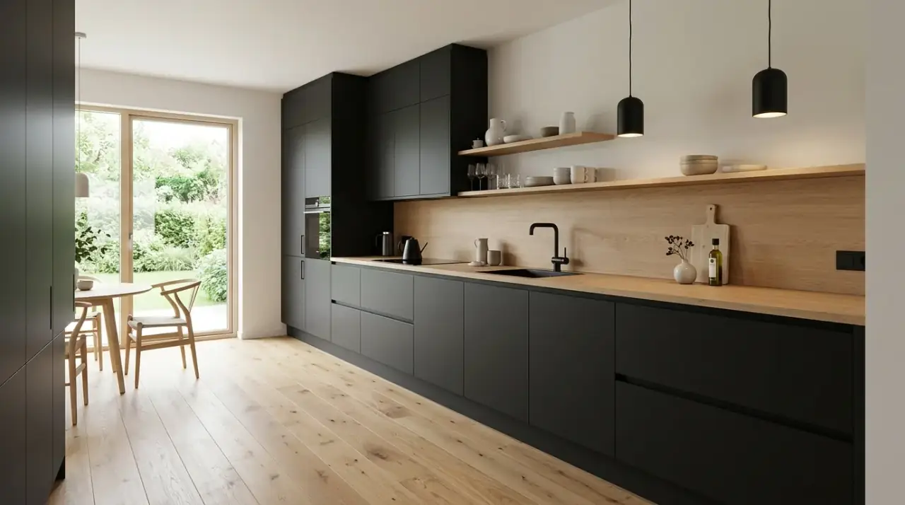 Black range wall kitchen. Focused dark feature creating a strong dramatic anchor in the kitchen.