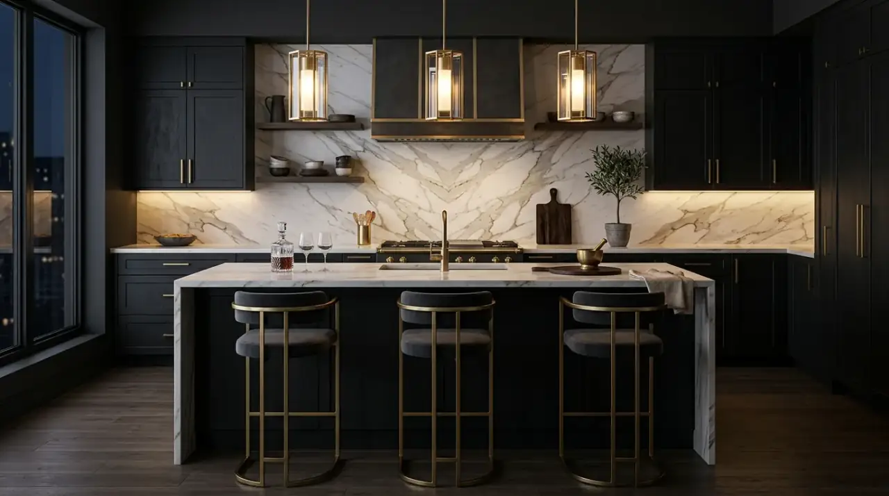 Soft textiles in black kitchen. Layered fabrics helping a dramatic dark kitchen feel softer and more inviting.