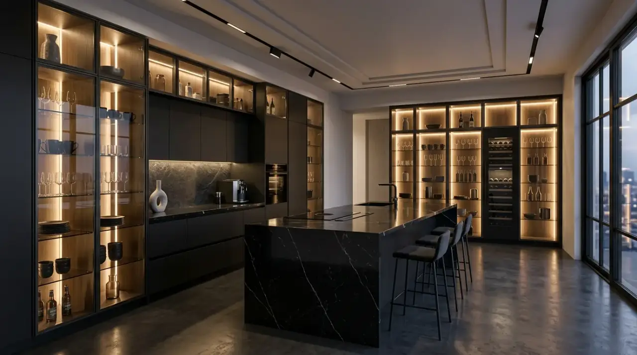 Mixed sheen black kitchen. Finish variation giving more movement and richness to a black kitchen palette.
