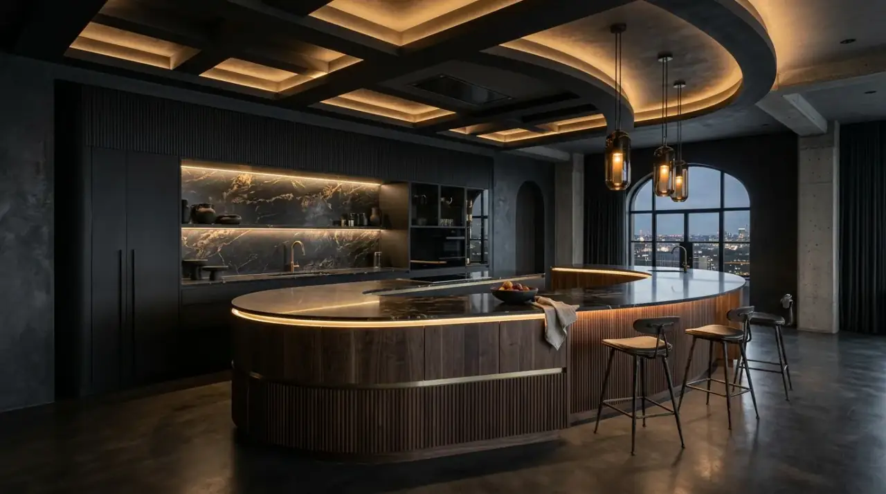 Sophisticated black kitchen overview. Bold dark kitchen design balanced with warmth, texture, and elegant contrast.