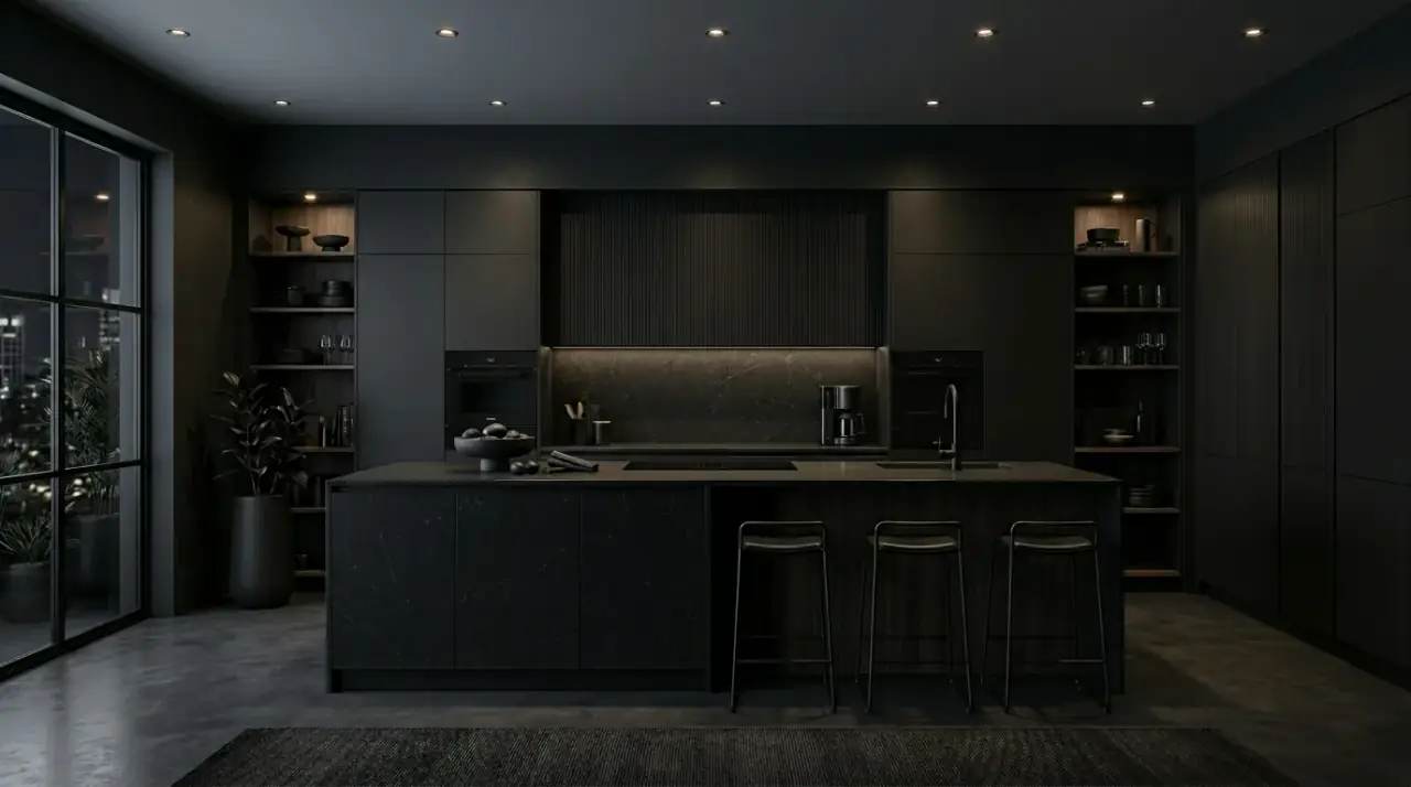 Dramatic black kitchen design. Sophisticated dark kitchen palette built for bold style and everyday livability.