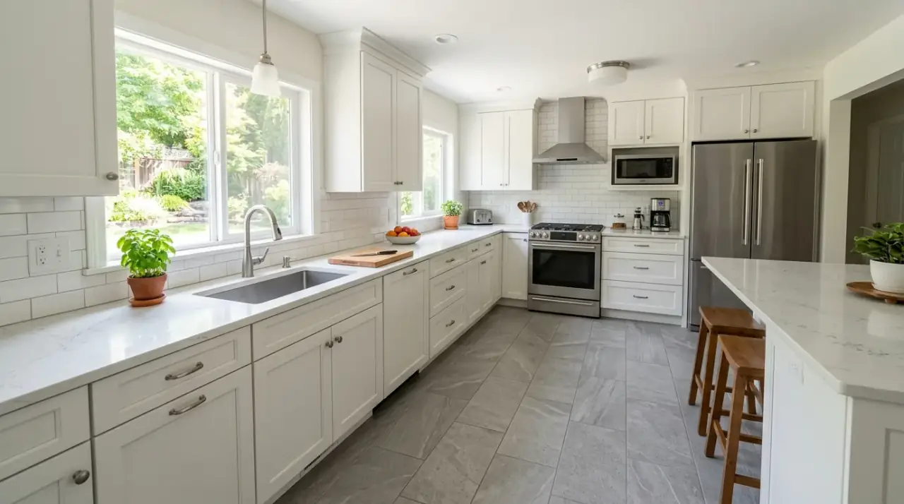 Durable kitchen flooring in a range of materials and styles for practical everyday use and budget flexibility.