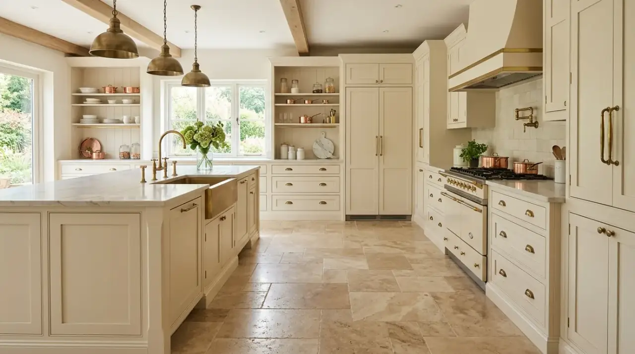 Patterned tile kitchen floor. Durable statement flooring adding pattern and personality to the kitchen.