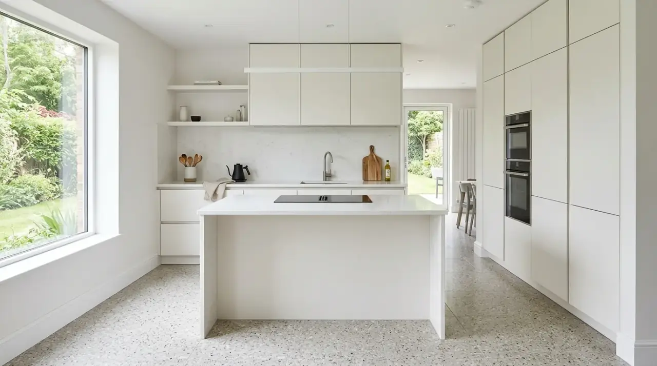 Concrete kitchen floor. Hardwearing modern kitchen flooring with industrial durability.