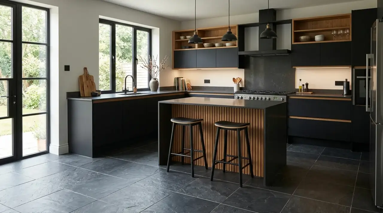 Wood-look tile kitchen floor. Durable tile flooring that mimics the warmth of real wood.