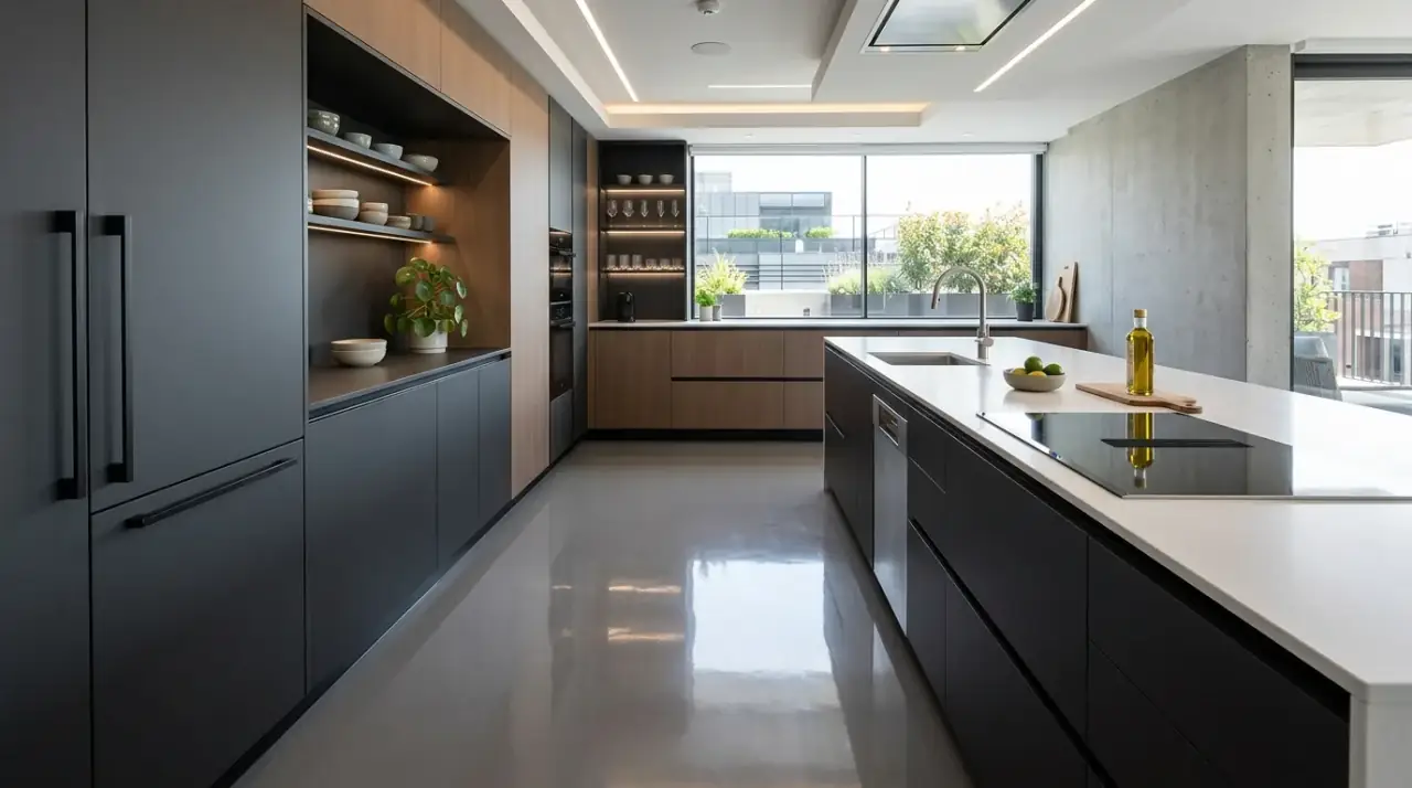 Kitchen flooring style match. Long-lasting kitchen floor chosen to suit the room's overall aesthetic.