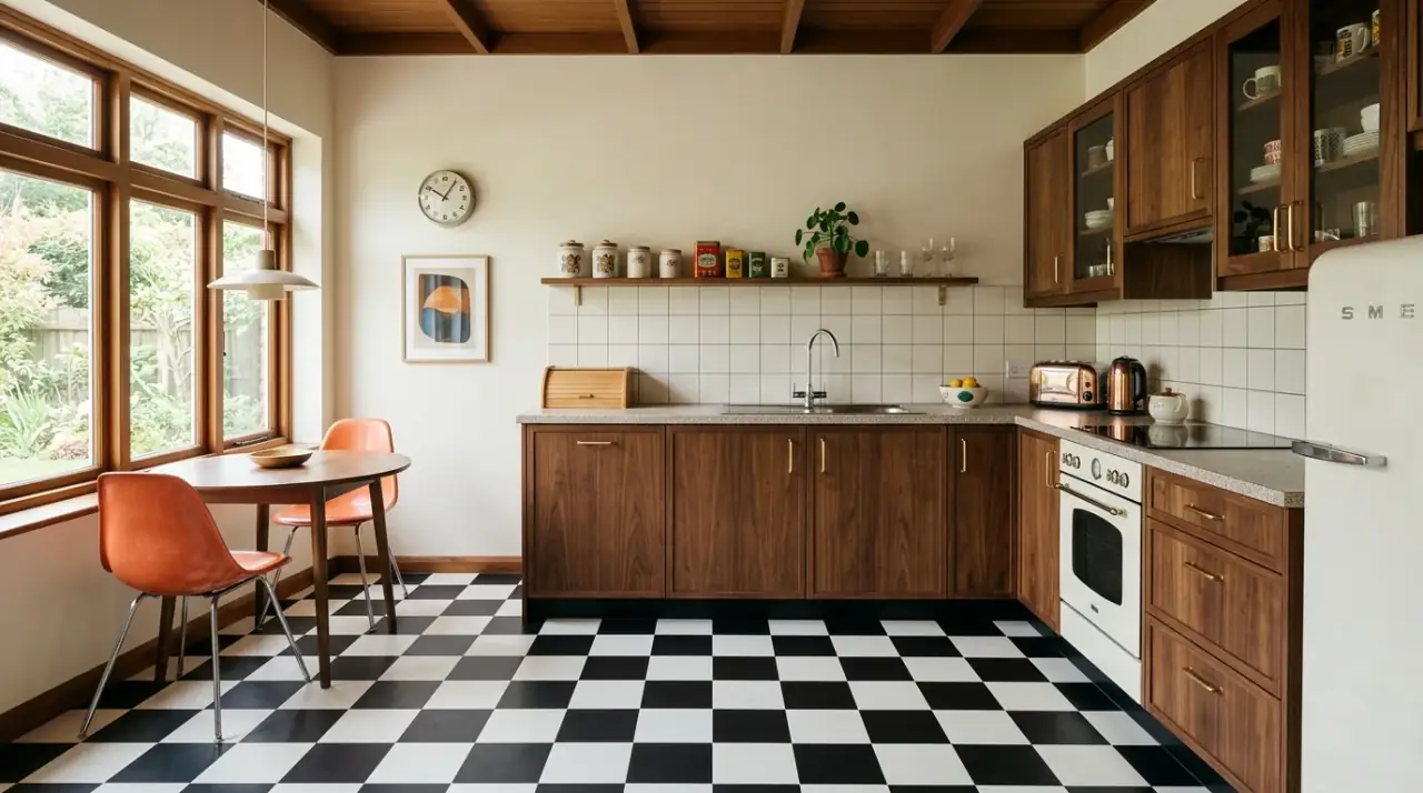 Durable mid-century modern kitchen flooring idea with a strong period-inspired look.