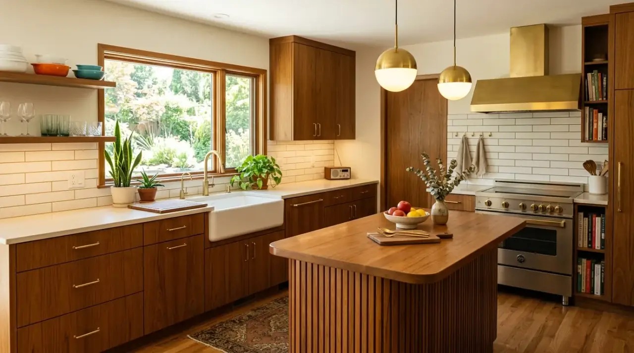 Oak floor mid-century kitchen. Warm wood flooring helping a retro-modern kitchen feel grounded and livable.