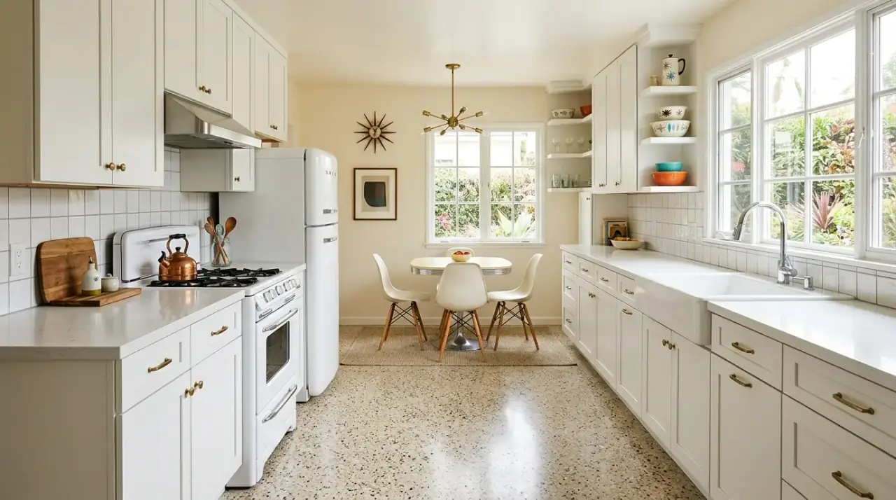 Checkerboard retro kitchen floor. Graphic patterned flooring adding period flair to a restrained kitchen.
