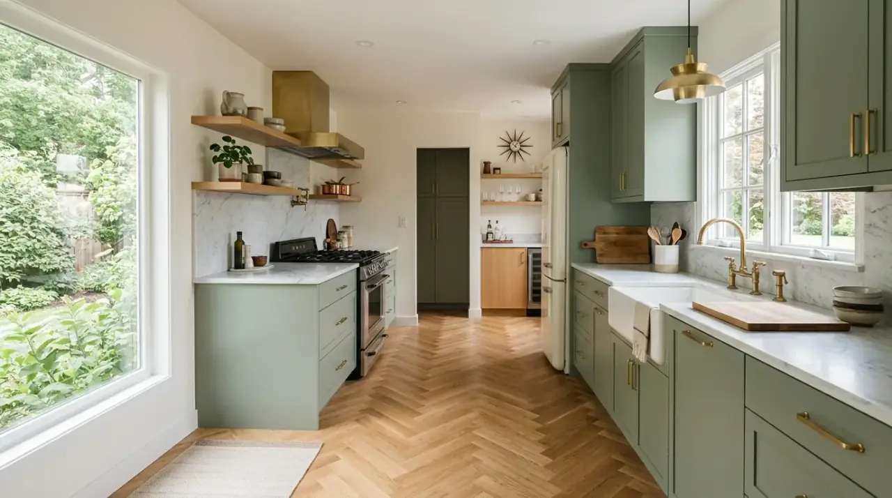 Matte tile mid-century kitchen floor. Earthy low-sheen tile reinforcing the warm retro mood of the kitchen.