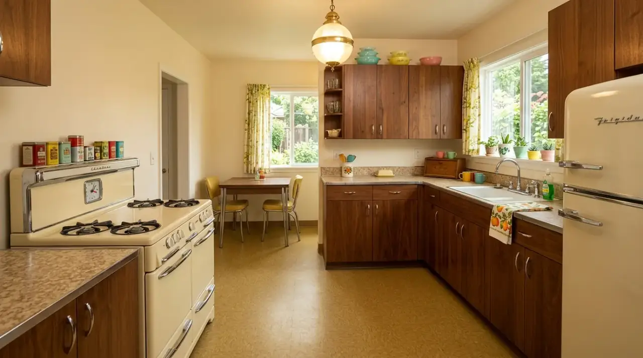 Herringbone mid-century kitchen floor. Subtle floor pattern adding retro warmth and movement to the kitchen.