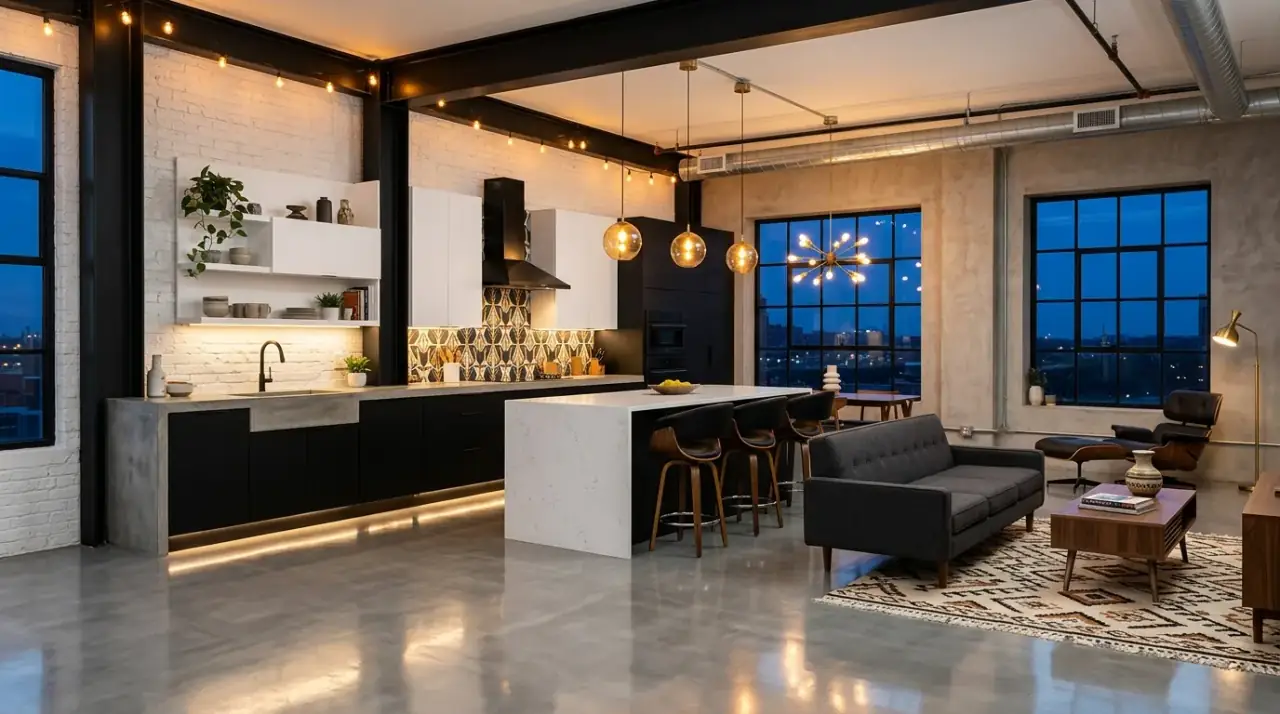 Resilient retro kitchen flooring. Durable lower-maintenance flooring chosen to preserve a mid-century look.
