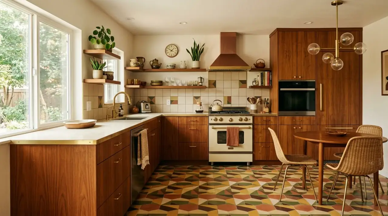 Warm floor with cool cabinets. Supportive flooring balancing the cooler colors of a retro-modern kitchen.