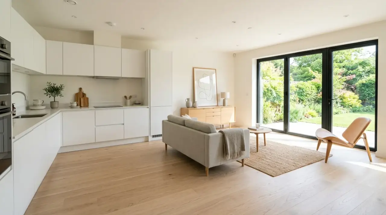 Low-sheen mid-century kitchen floor. Matte finish helping period-inspired flooring feel warmer and more authentic.