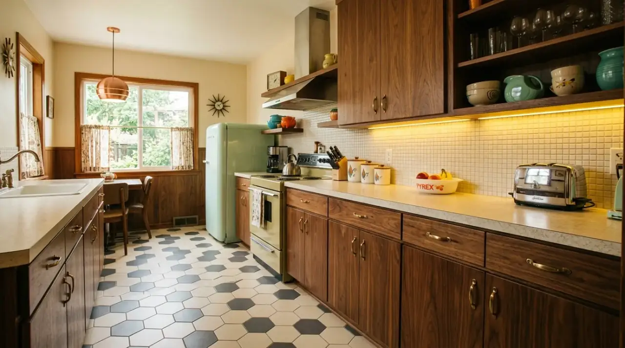 Patterned tile retro kitchen floor. Controlled use of graphic flooring adding personality to a mid-century kitchen.