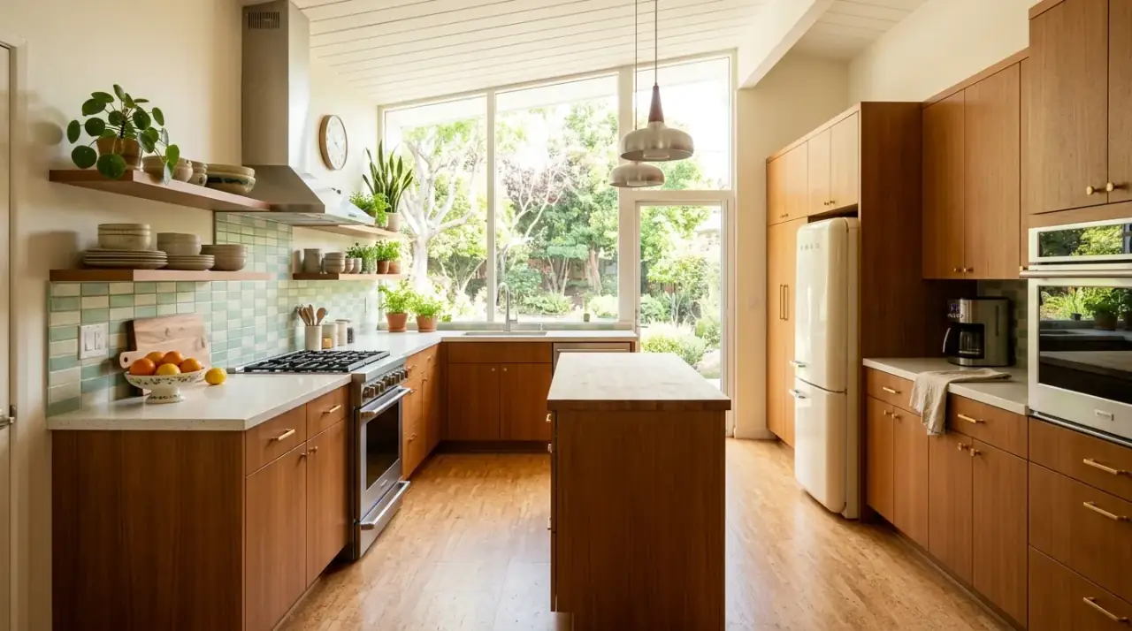 Connected mid-century kitchen flooring. Continuous floor design helping the kitchen flow more naturally into surrounding rooms.