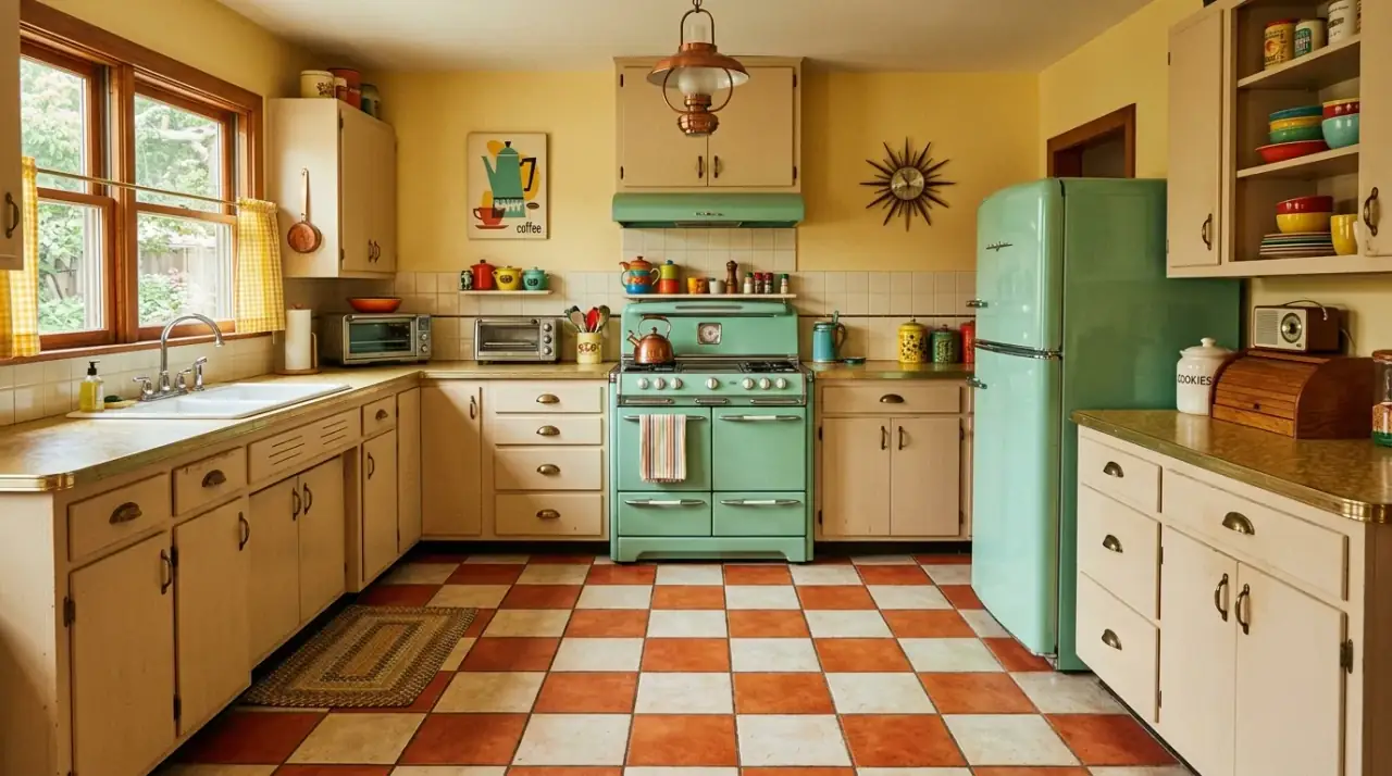 Undertone-coordinated kitchen floor. Floor color tuned to the room's other materials for a stronger retro-modern result.