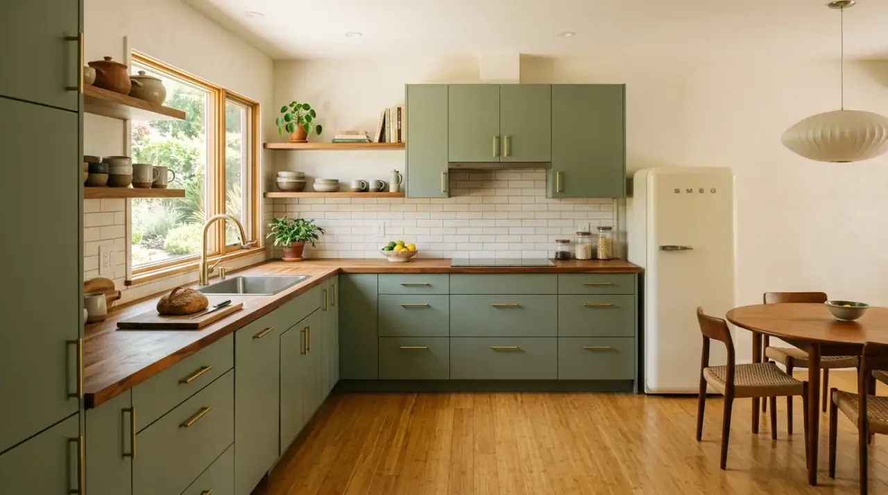 Mid-century kitchen flooring overview. Period-inspired kitchen flooring anchoring the retro-modern palette with durability and warmth.