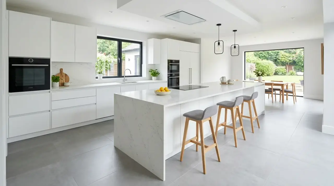 Durable modern kitchen flooring chosen for style, function, and everyday performance.