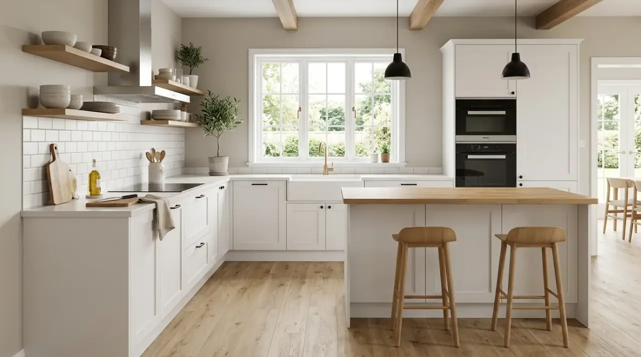 Pale oak kitchen floor. Light natural wood creating warmth in a contemporary kitchen interior.