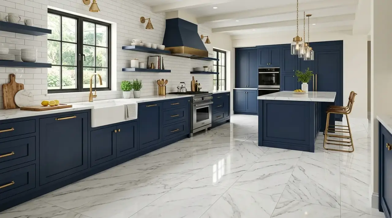 Concrete-effect kitchen flooring. Urban-inspired floor surface supporting a sleek modern kitchen palette.