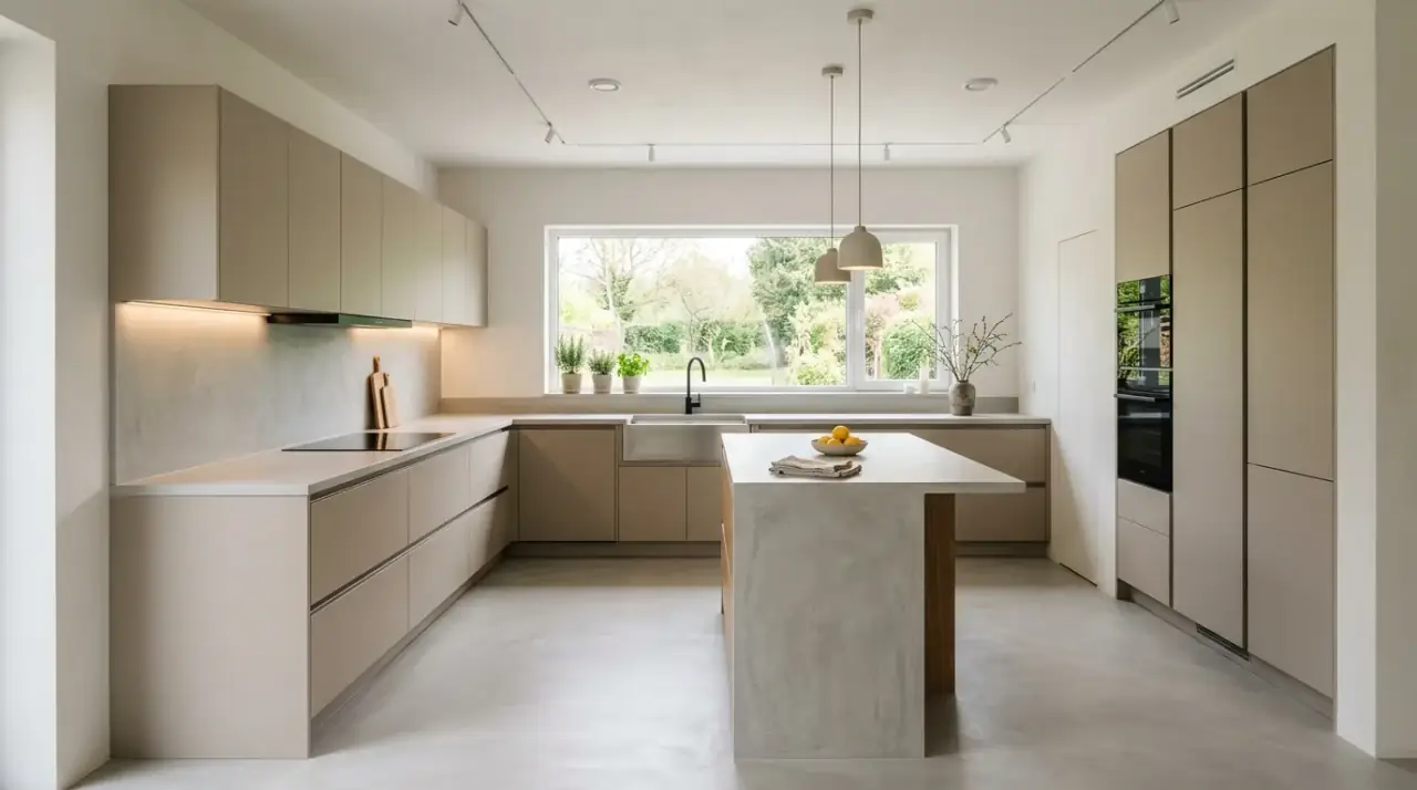 Patterned modern kitchen floor. Graphic tile bringing controlled visual interest to a clean kitchen.