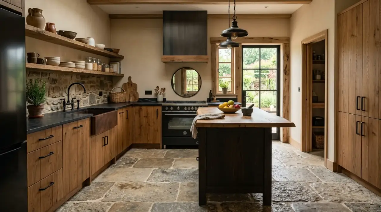 Greige modern kitchen floor. Warm neutral flooring linking cabinets, counters, and wood accents together.