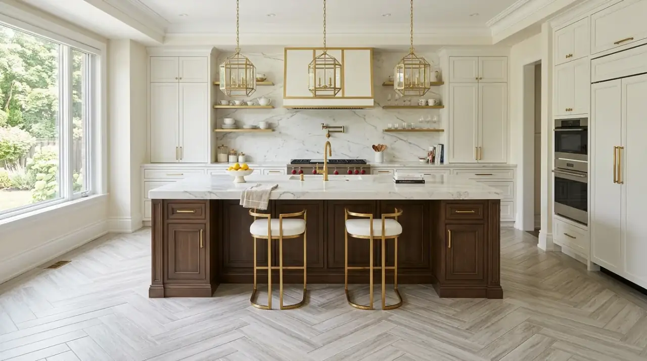 Herringbone wood kitchen floor. Subtle patterned wood bringing refinement to a modern cookspace.