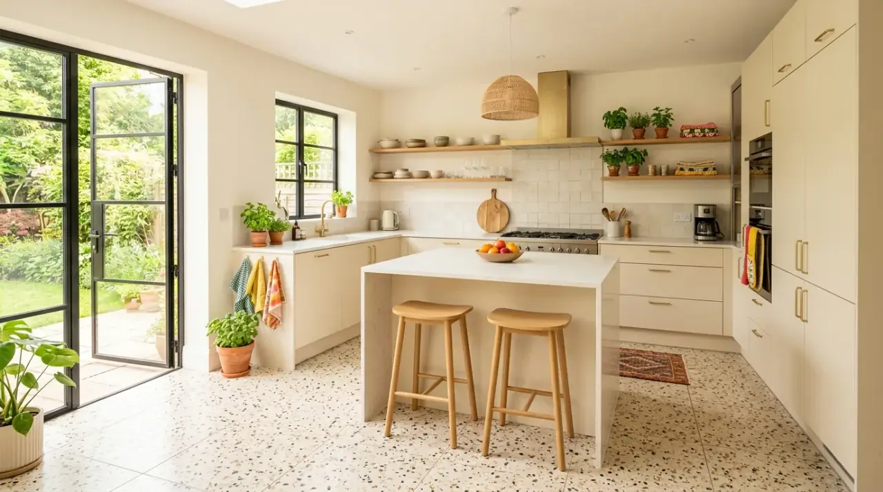 Terrazzo kitchen floor. Durable speckled flooring bringing personality to a modern kitchen.