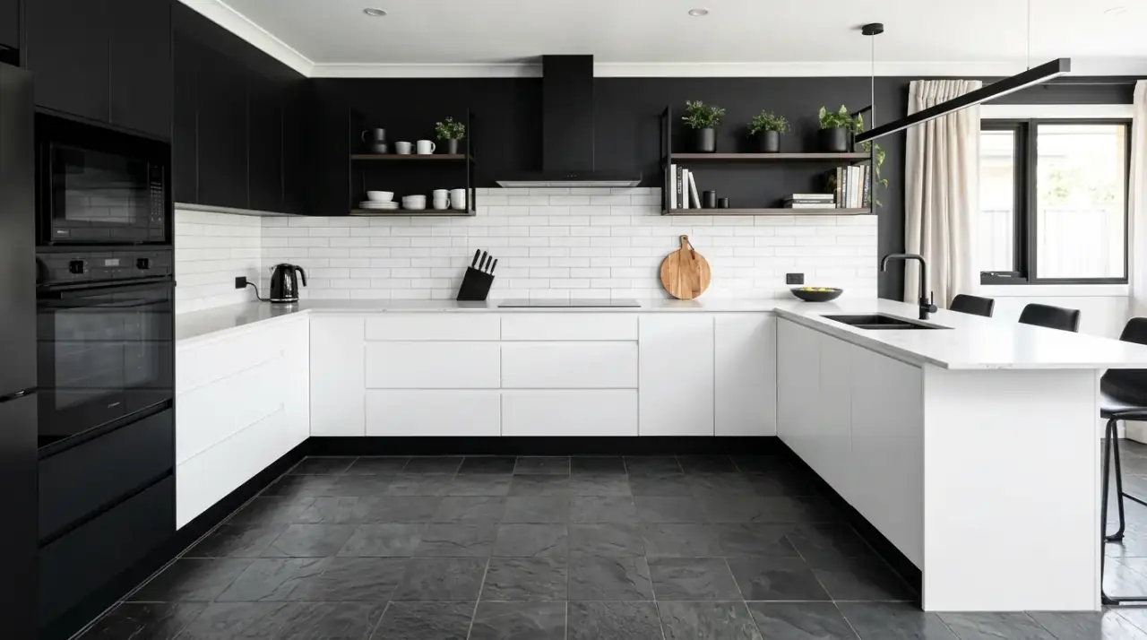 Dark modern kitchen floor. Stronger base surface grounding a lighter contemporary kitchen palette.