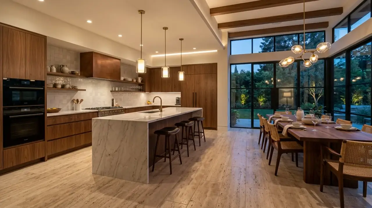 Stone-look modern kitchen floor. Refined durable flooring adding a polished high-end feel to the room.